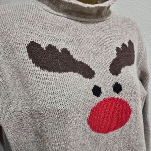 Vintage Binghamton Rudolph Sweater Womens S Beige Reindeer Mock Neck Holiday USA
